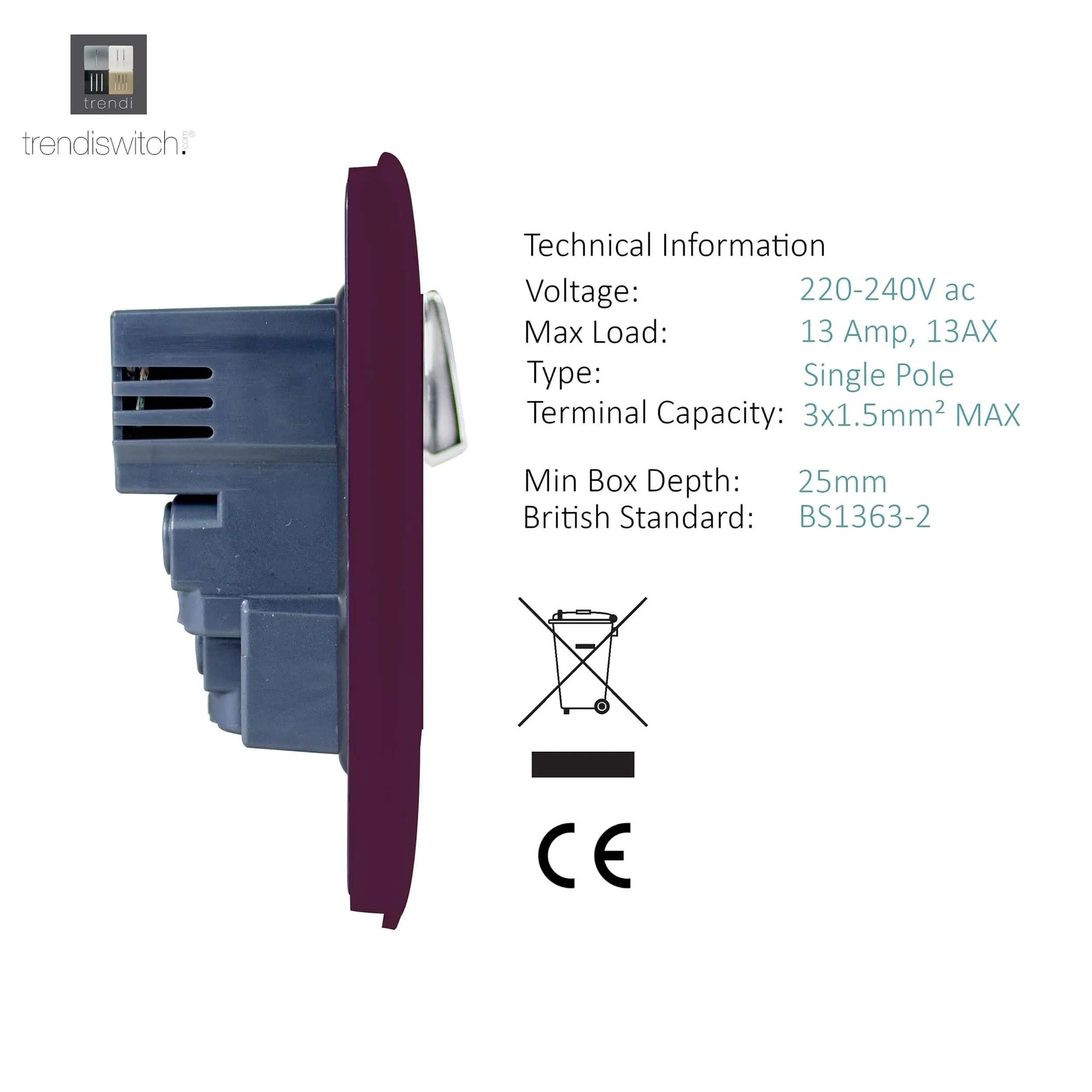 1 Gang 13Amp Switched Single Socket With 2 x USB Plum ART-SKT13USBPL  Trendi Plum